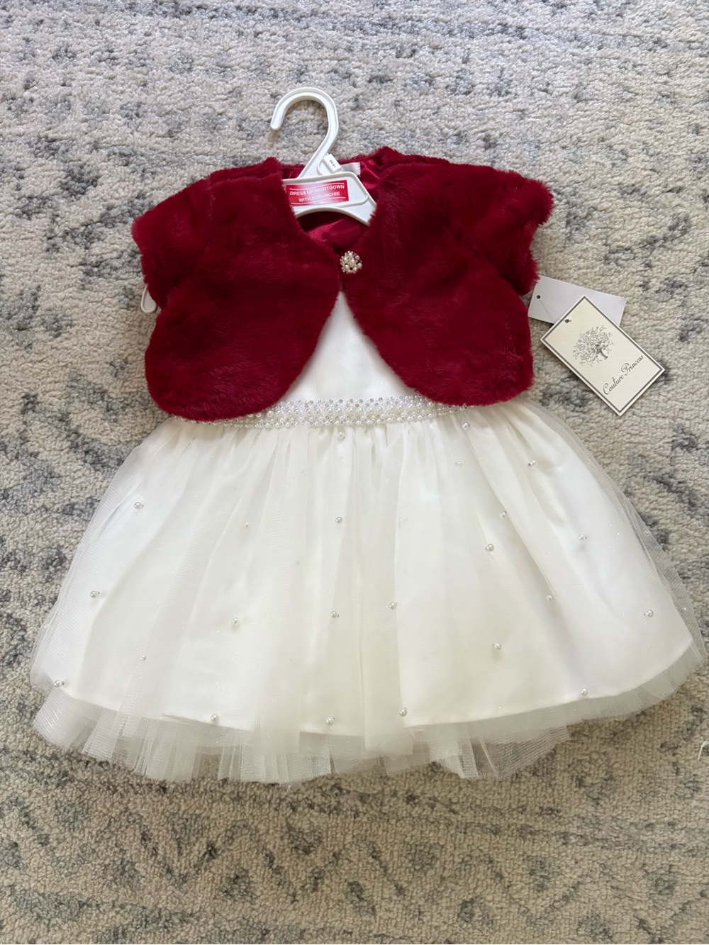 Toddler Girls' Formal Ivory Tulle Dress with Burgundy Faux-Fur Bolero